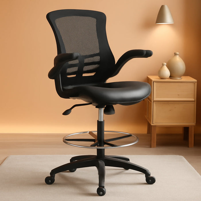 Kelista Mid-Back Swivel Office Chair with Adjustable Leathersoft Seat Height, Ergonomic Mesh Chair with Flip-Up Arms, Black