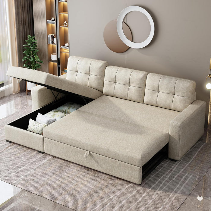 Sectional Sofa Bed Beige, L-Shaped, with Storage