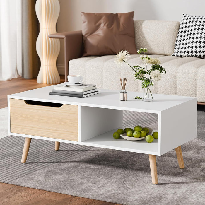 Modern Coffee Table, Wooden Cocktail Table with Storage, Minimalist Hallway Table, Mid Century Modern Coffee Table for Living Room Apartment Reception, White