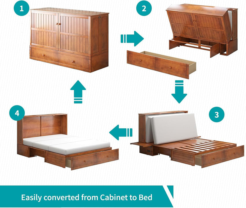 Murphy Bed Queen, Cabinet Bed with Tri-Folding Mattress and 2 Storage Drawers, Solid Wood Modern Foldable Hideaway Murphy Cube Beds with USB Charging Station for Living Room Guestroom, Cherry