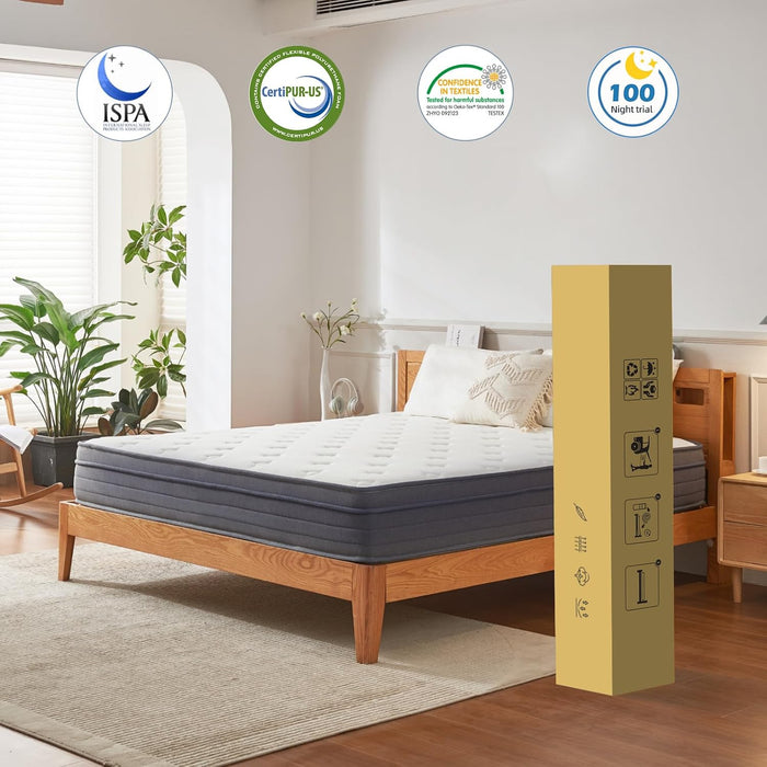Queen Size Mattress, 12 Inch Hybrid Memory Foam Mattress in a Box with Pocket Springs, Medium Firmness, Pressure Relief & Motion Isolation, Certipur-Us Certified