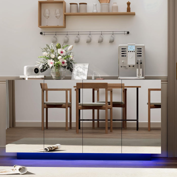 Buffet Cabinet Mirror with Storage Black Sideboard with Storage Coffee Bar with Lights & Charging Station Kitchen LED 57.87'' Buffet Cabinet with Mirror Doors for Bedroom, Living Room