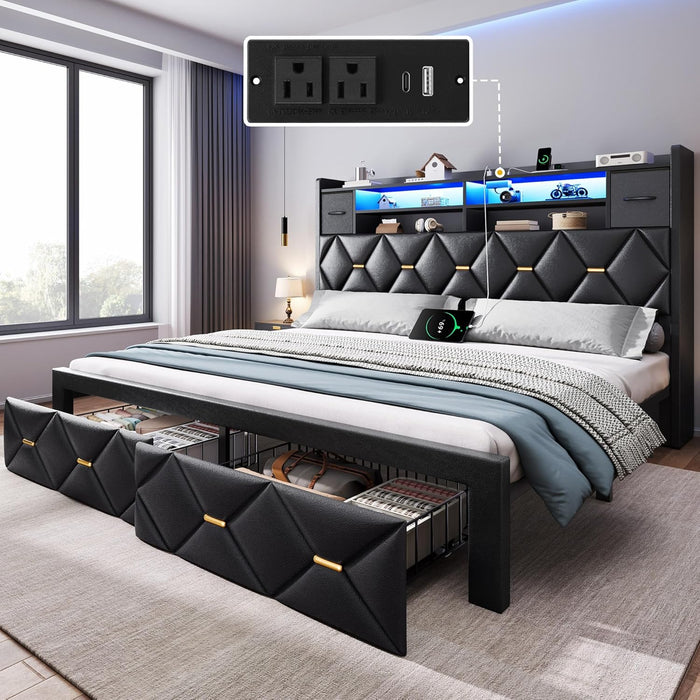 King Size Bed Frame with 2 Storage Drawers and Storage Headboard, Upholstered Platform with Charging Station and LED Light, No Box Spring Needed, Noise Free, Easy Assembly, PU Leather Black