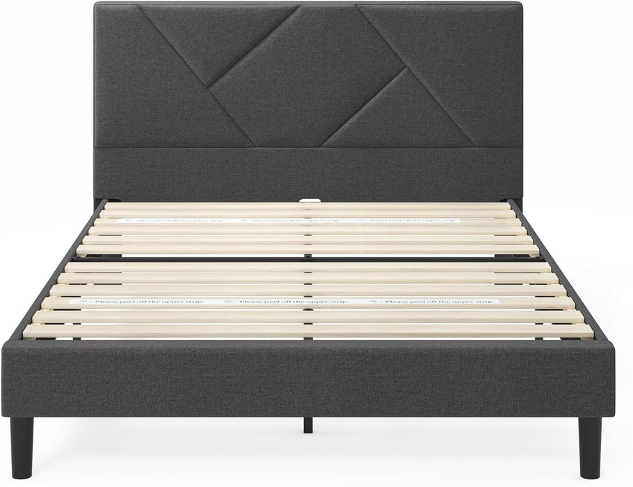 Judy Upholstered Platform Bed Frame, Mattress Foundation, Wood Slat Support, No Box Spring Needed, Eco Friendly Wonderbox (TM), Easy Assembly, Dark Grey, King