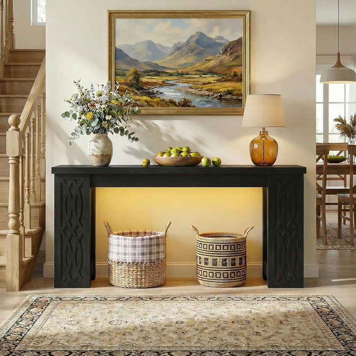 63" Console Table with Outlet, Farmhouse Entryway Table with Colorful LED Lights, Wooden Sofa Table with Unique Carved Design, Foyer Accent Table for Entrance, Hallway, Living Room