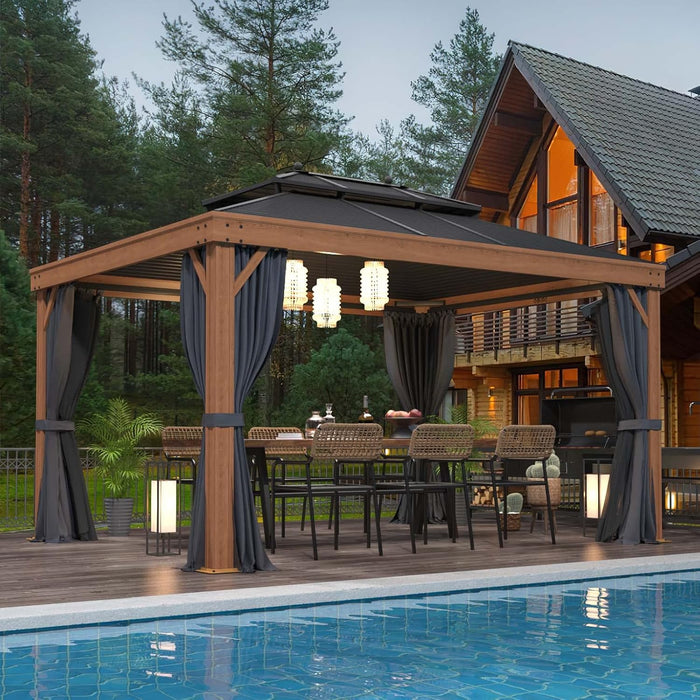 10'X13' Hardtop Gazebo Outdoor Aluminum Wood Grain Gazebos with Galvanized Steel Roof and Mosquito Net for Patios, Deck, Backyard, Curtains & Netting