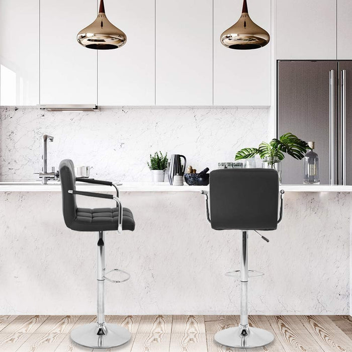 Modern Bar Stool Set of 2 Barstools Armrest Height Adjustable Counter Stools Bar Chairs Swivel Bar Stool PU Leather Hydraulic Dining Room Chairs Home Kitchen Stools (Black)