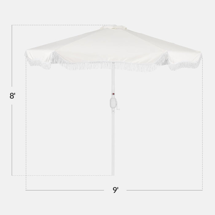 9Ft Fringe Market Patio Umbrella – Outdoor Boho Tassel Sunshade for Table, Pool, Deck, Backyard – UPF50+, Easy Tilt, Heavy Duty Steel Pole & Ribs - White