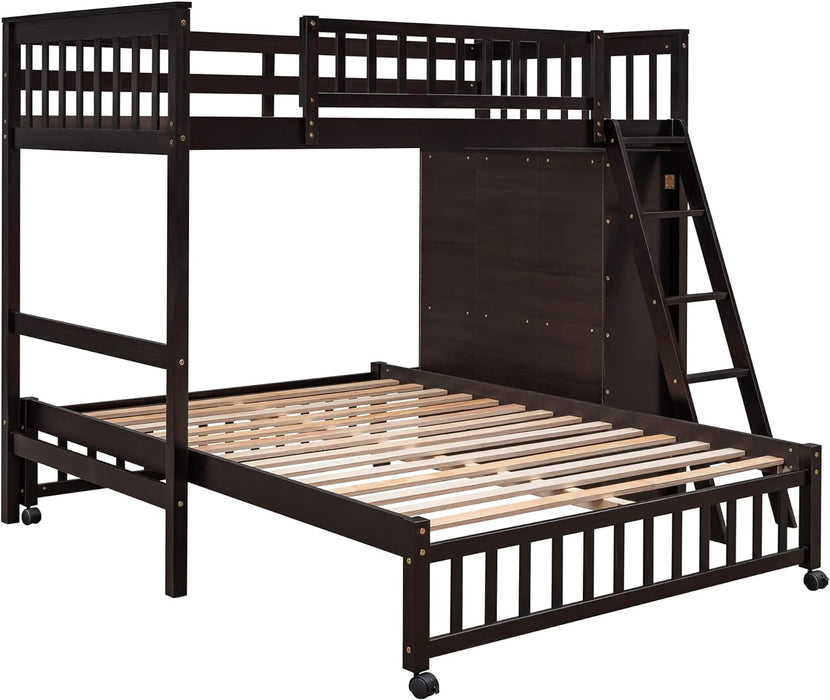 Twin over Full Bunk Bed with Storage, Solid Wood Bunk Bed with 6 Drawers and 3 Flexible Shelves, Twin Loft Bed with Movable Lower Bed, Bottom Bed with Wheels, for Kids Teens Adults (Espresso)