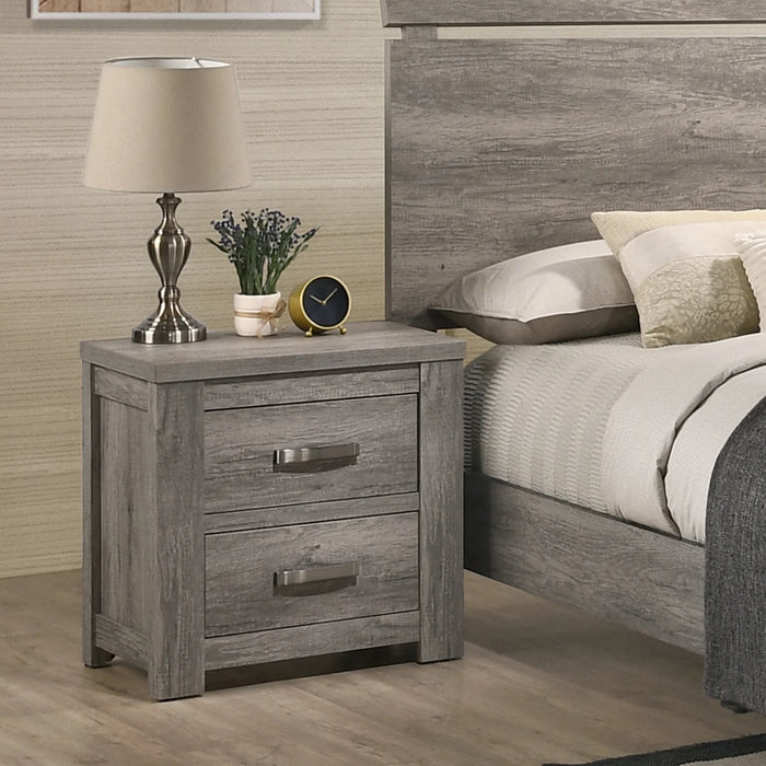 Floren Contemporary Weathered Gray Wood Bedroom Set, Queen Panel Bed, Dresser, Mirror, Two Nightstands, Chest