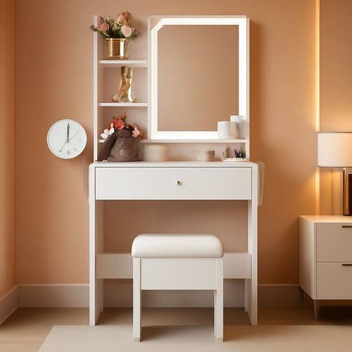 Compact White Vanity Desk With BuiltIn Illumination