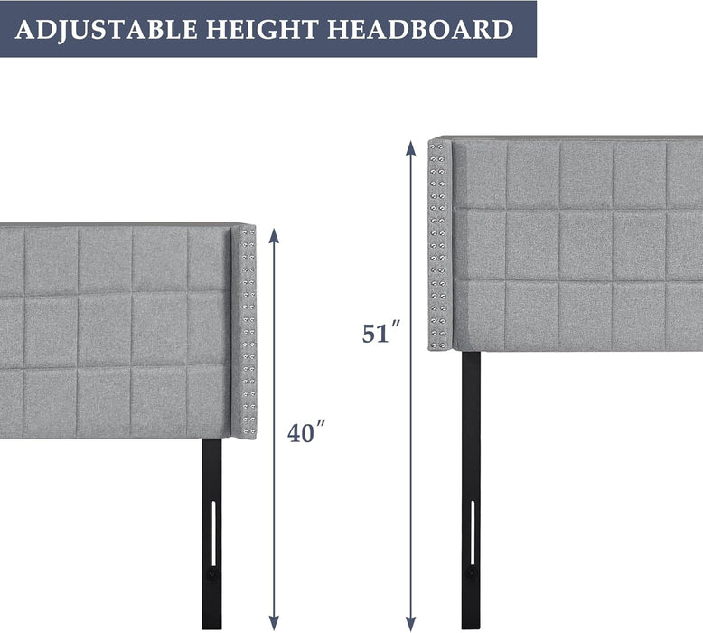 Headboard King Size, Linen Upholstered Headboards Only with Nailhead Trim Wingback, Square Stitched Design, Adjustable Height from 40" to 49.8", Light Grey