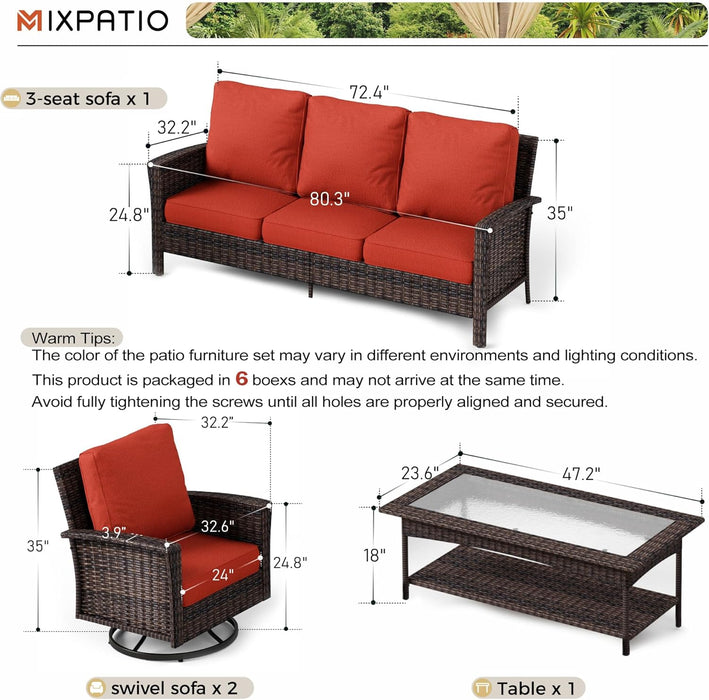 4-Piece Patio Furniture Set, Oversized Outdoor Wicker Sofa with Swivel Chairs and Coffee Table, Sectional Rattan Outdoor Conversation Set for Poolside Backyard Deck, Red