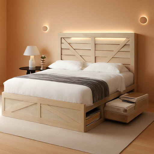 Farmhouse Bed Frame with 4 Drawers & 4 Open Storage Space, Queen Size Storage Bed with LED Light & Charging Station, Wooden Slats, Noise Free, Rustic White