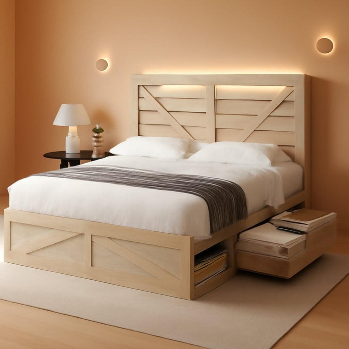 Farmhouse Bed Frame with 4 Drawers & 4 Open Storage Space, Queen Size Storage Bed with LED Light & Charging Station, Wooden Slats, Noise Free, Rustic White