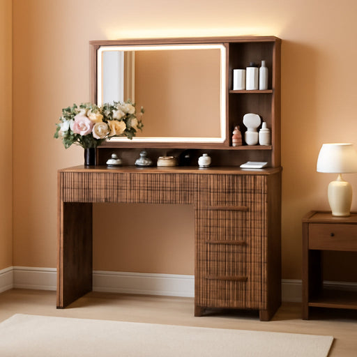 43.3'' Vanity Desk with Mirror and Lights, with Glass Tabletop, with 5 Drawers & Shelves,Makeup Vanity Set for Bedroom, Walnut1
