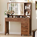 43.3'' Vanity Desk with Mirror and Lights, with Glass Tabletop, with 5 Drawers & Shelves,Makeup Vanity Set for Bedroom, Walnut1