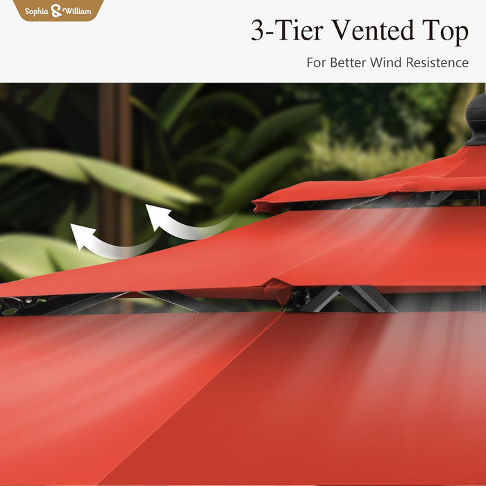 10Ft 3 Tier Auto-Tilt Patio Umbrella,Wind Resistent,Outdoor Patio Umbrellas Double Vented Umbrella with Crank for Pool Garden Backyard, Red