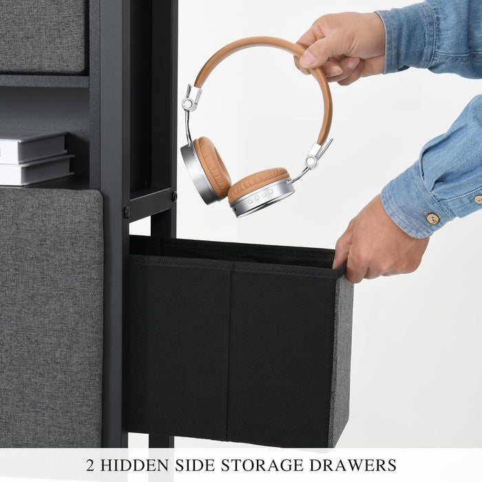 Queen Size with 2 Storage Drawers and Charging Station, Linen Upholstered Platform Bed with Storage Headboard and LED Light, Heavy Duty Metal Support, No Box Spring Needed, Noise Free, Dark Grey