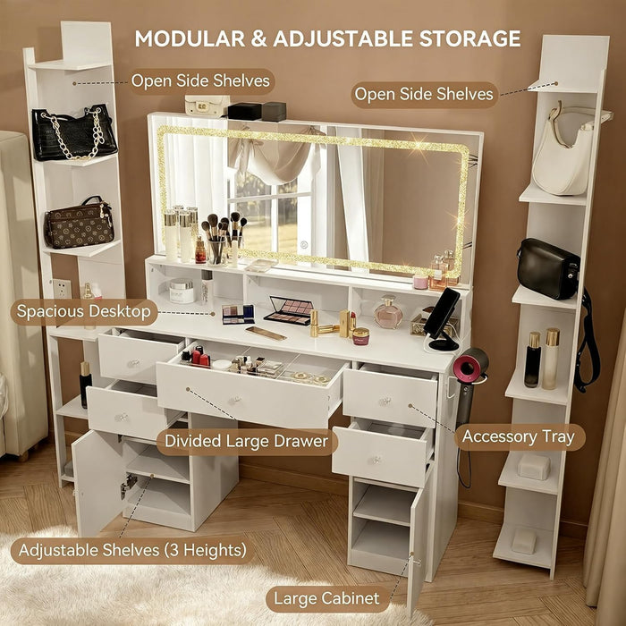 45" Large Makeup Vanitys with Mirror & Lights,Big Vanity Desk with 2 Side Shelves & Adjustable Brightness 3 Color Crystal Sparkle Led,Charging Station,26 Storage Areas for Girls Women White