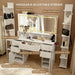 45" Large Makeup Vanitys with Mirror & Lights,Big Vanity Desk with 2 Side Shelves & Adjustable Brightness 3 Color Crystal Sparkle Led,Charging Station,26 Storage Areas for Girls Women White
