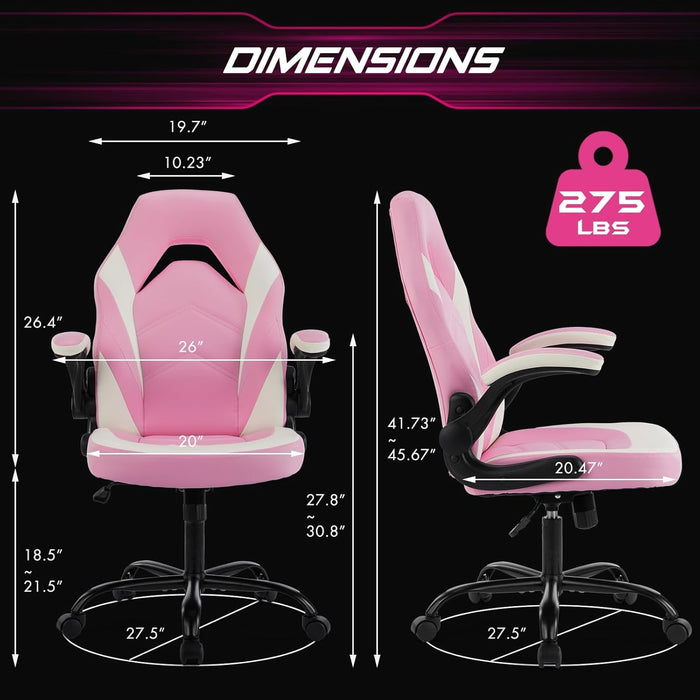 Computer Gaming Desk Chair - Pink Ergonomic Office Executive Adjustable Swivel Task PU Leather Racing Chair with Flip-Up Armrest for Adults, Kids, Men, Girls, Gamer, White Pink
