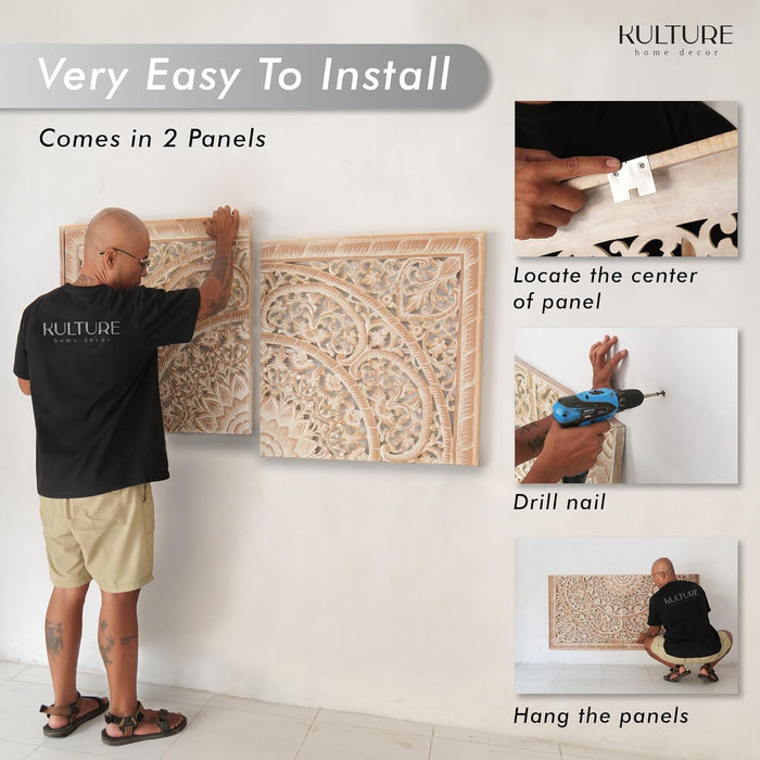 Queen Wood Headboard White-Wash | Carved Full Headboard Only | Wooden Headboard Full Size Bed | Wall Mount Headboard Queen | Full Bed Headboard Panels (Queen, Sumber, Antic)