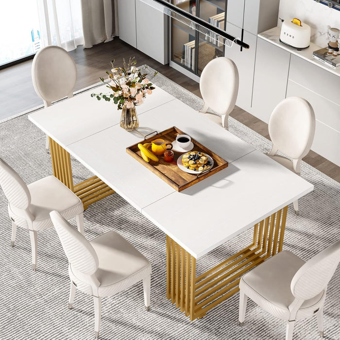 Modern Dining Table for 6-8 People, 70.8 Inches Long White Room Kitchen, Wood Kitchen with Gold Metal Legs, Rectangular Dinner Room, Family Gathering