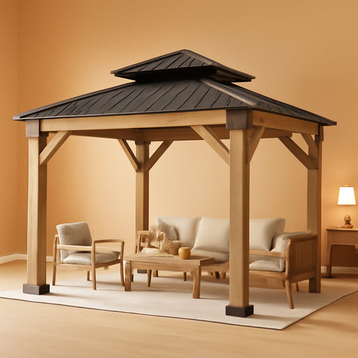 10' X 12' Outdoor Wood Gazebo, Hardtop Gazebo Permanent Wooden Pavilion with Galvanized Steel Double Roof, for Garden, Backyard, Patio, Cedar Wood, Grey