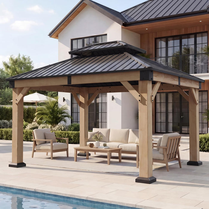 10' X 12' Outdoor Wood Gazebo, Hardtop Gazebo Permanent Wooden Pavilion with Galvanized Steel Double Roof, for Garden, Backyard, Patio, Cedar Wood, Grey