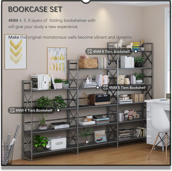 Extra Wide 5 Tiers No Assembly Book Shelves, 51.2" H Folding Bookshelf Bookcase Open Industrial Foldable Shelves for Bedroom, Living Room, Home Office - All Black