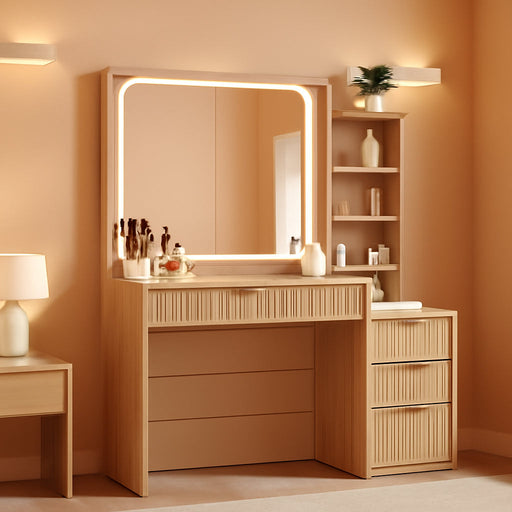 Vanity Desk with Mirror and Lights, 43.5'' Fluted Makeup Vanity with 6 Drawers and Adjustable Shelves, Natural Wood Make up Vanity Dressing Table with Glass Top and Power Outlet for Bedroom