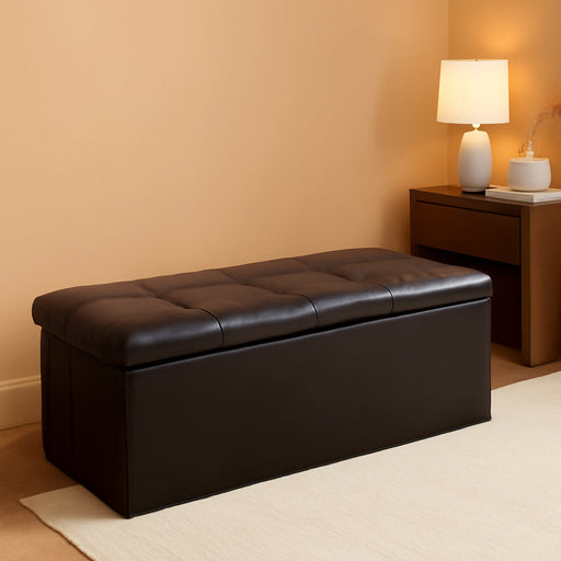 Folding Storage Ottoman Bench, Brown Faux Leather Long Storage Chest Footstool Seat, Bench for Bedroom and Hallway, 43.3"X15.7"X15.7"