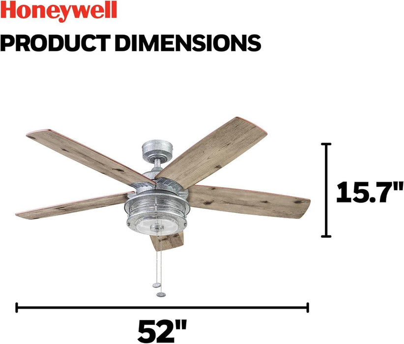 Ceiling Fans Foxhaven Farmhouse 52 Inch Ceiling Fan with Light, Outdoor Fan/Indoor Dual-Mount LED Ceiling Fan, 5 Blades, Ebony and Silver Oak Blade Finish Options, Galvanized (51631-01)