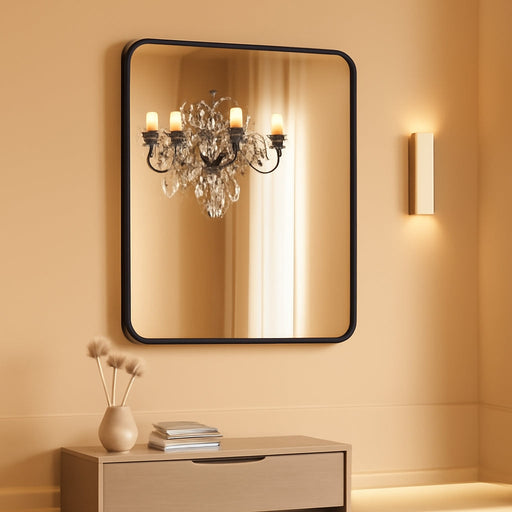 Bathroom Mirror 24X32 Inch, Black Gorgeous Deep Frame Wall Mirror, Modern round Corner Bathroom Vanity Mirror for Bedroom, Living Room, Hanging or Leaning Horizontal or Vertical, Black