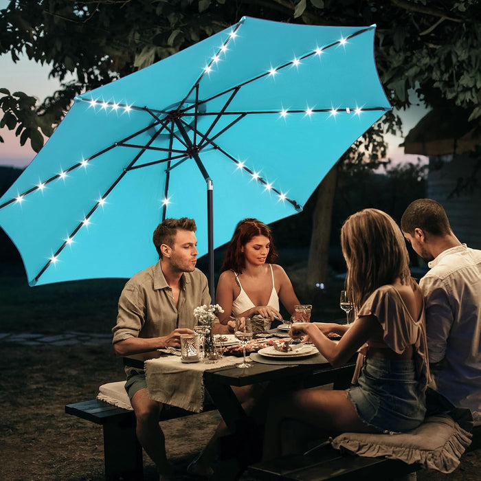 Outdoor Solar Patio Umbrella with 32 LED Lights, Beach Market Table Umbrella with Crank and 8 Sturdy Ribs for Pool, Terrace, Restaurant