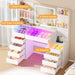 Vanity Desk with Mirror and Lights 3 Colors,White Makeup Vanity Table with Glass Top,10 RGB Drawers,4 Shelves and 5 Hooks,Dressing Table with Power Outlet & Nightstand for Bedroom FST70W