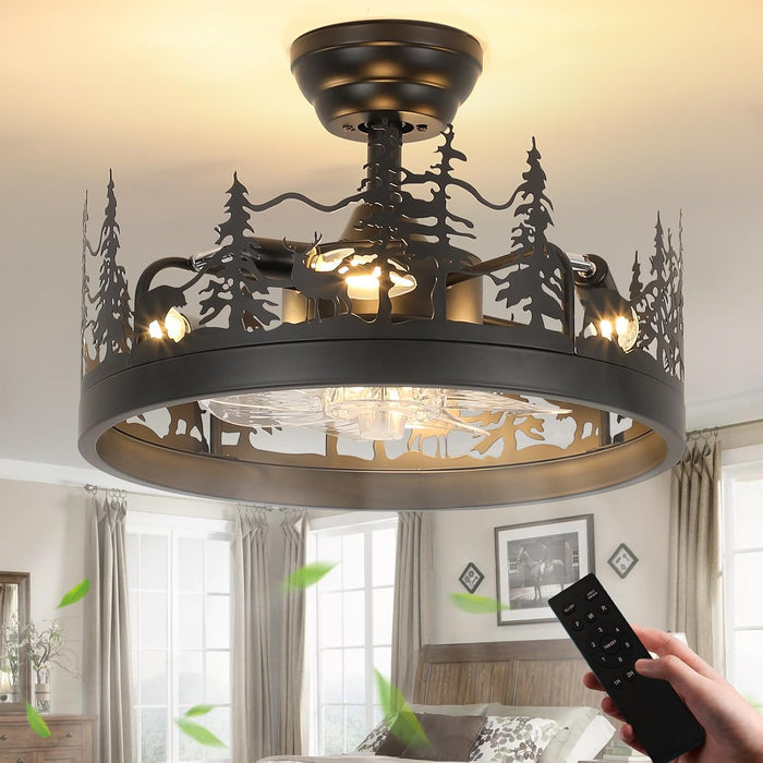 Rustic Black Ceiling Fan with Light, Bear and Deer Design