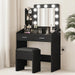 Black Vanity Table Set with Mirror – Dimmable LED Lights, Built-In Power Outlet, 7 & 2 Storage Drawers, Cushioned Stool, Adjustable Light Color, Hairdryer Holder – Bedroom, Black