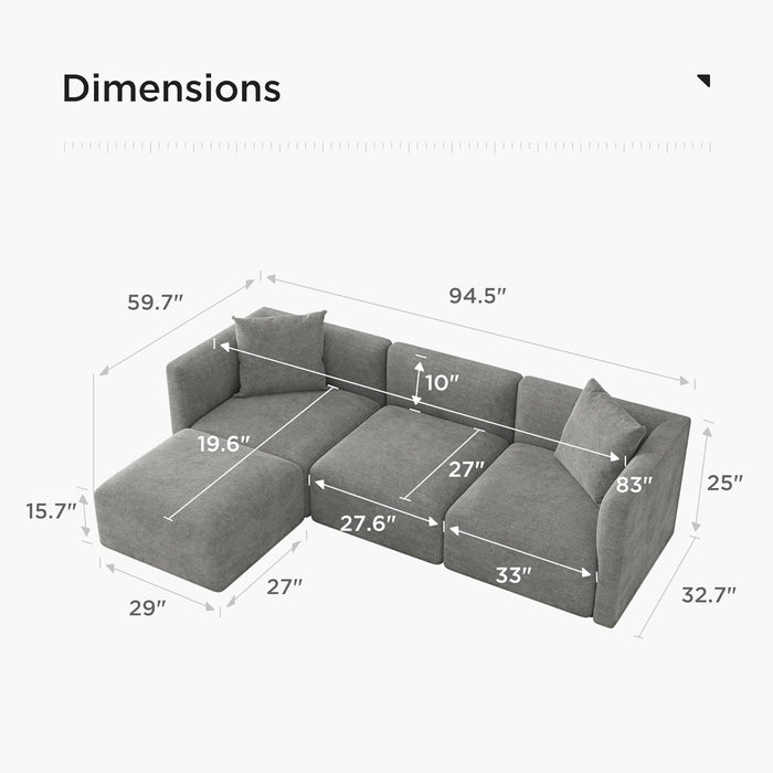 Luxury L-Shaped Upholstery Convertible Modular Sectional Sofa, Contemporary Reversible Couch with Chaise Lounge for Living Room, Apartment, Linen-Like Grey