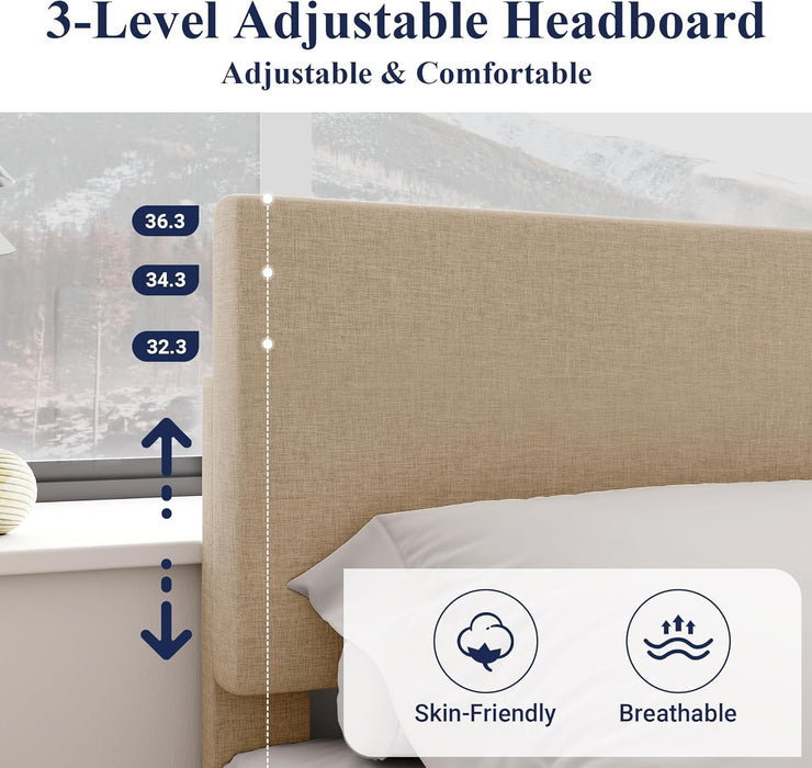 King Size Upholstered Bed Frame Adjustable Headboard, Beige