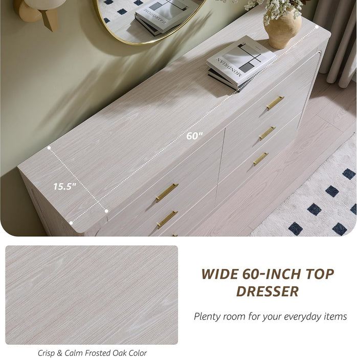 60" Wide Transitional 6-Drawer Dresser for Bedroom, Frosted Oak