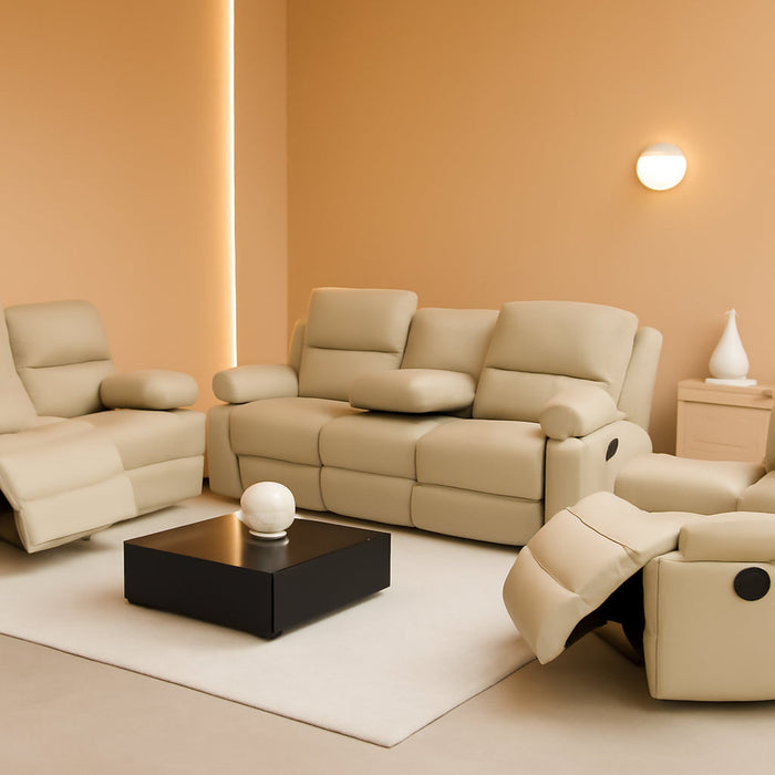 Beige Recliner Sofa Set 3PCS Manual Reclining Sofa Living Room Furniture Sets Contempary Bonded Leather Reclining Couch Set with Cup Holder/Storage Console for Home/Office (Beige, 3PCS Set)