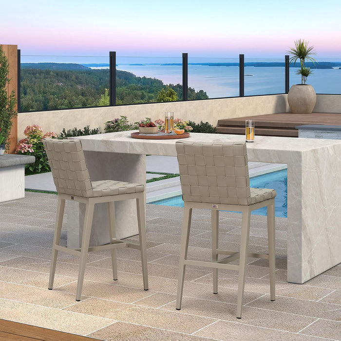 Outdoor Bar Stools Set of 2, Leather Bar Height Chairs, Taupe