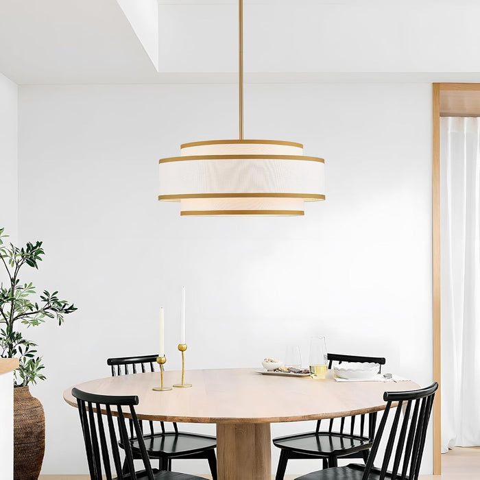 19.7" Gold Drum Chandelier with White Linen Lampshade 4-Light Modern Farmhouse Chandelier Light Fixture for Dining Room, Kitchen Island, Foyer Entryway Bedroom
