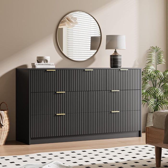 56" Wide Fluted 7-Drawer Dresser for Bedroom, Black