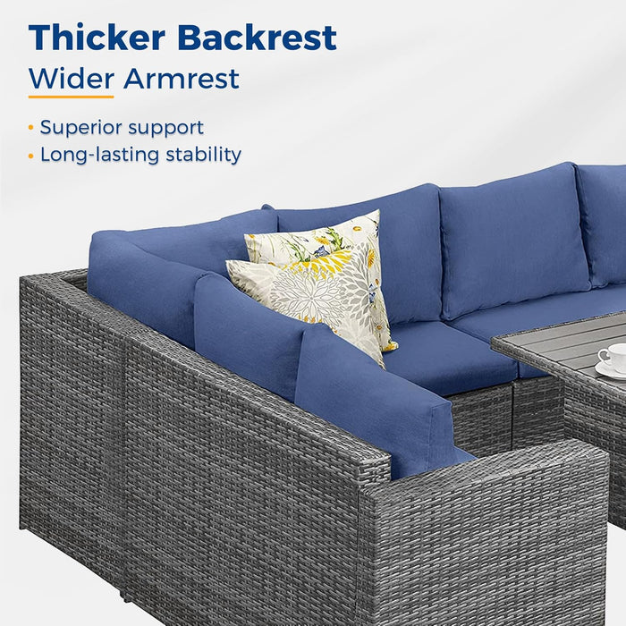 Outdoor Patio Furniture Set, 7 Piece Outdoor Dining Sectional Sofa with Dining Table and Chair, All Weather Wicker Conversation Set with Ottoman,Blue