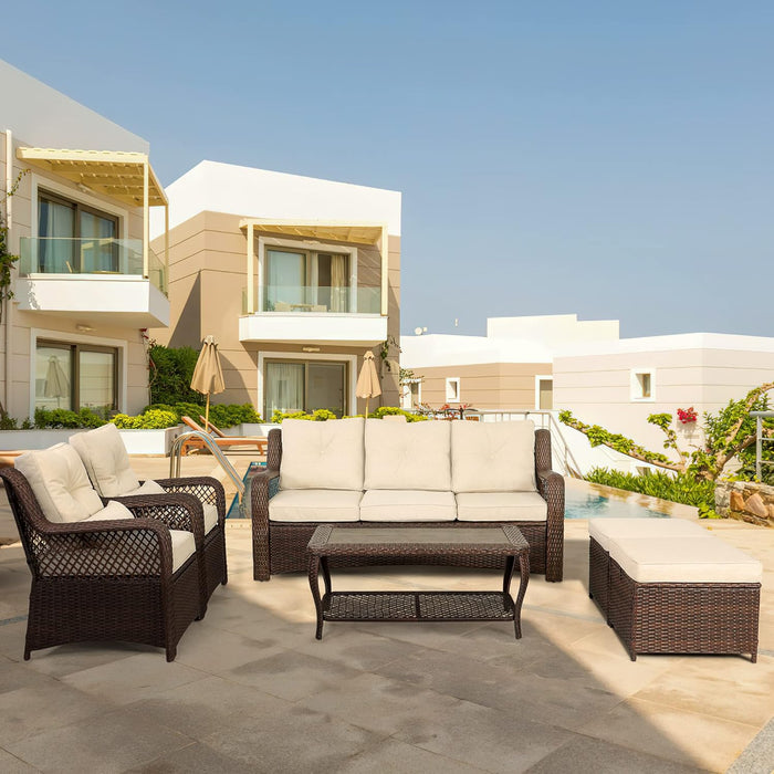 6 Pieces Patio Furniture Set, Wicker Patio Conversation Sets, Outdoor Sectional Rattan Sofa Chairs with Coffee Table, High Back, Ottoman, Cushions for Porch, Deck, Garden, Backyard (Beige)