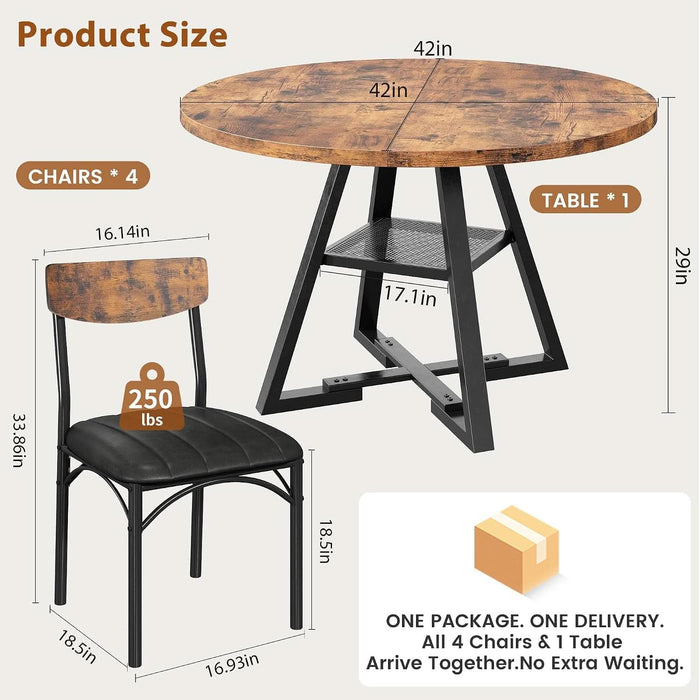 Dining Table Set for 4,Kitchen Table and Chairs for 4, round Dining Room Table with Upholstered Chairs, 5 Piece Space Saving Circle Wood Kitchen & Dining Room Dinner Dinette Table Set (Vintage, 42In)