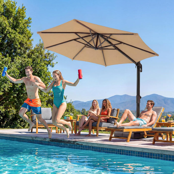 10FT Cantilever Patio Umbrella, 360° Rotation Offset Outdoor Umbrella with Aluminum Frame, Square Umbrella with Tilt for Backyard, Pool, Deck, Garden(Round Khaki)